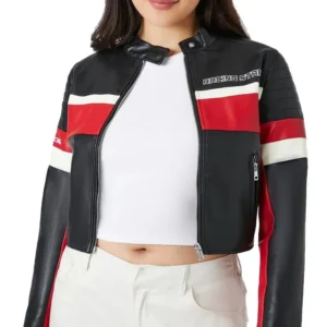 ladies cropped red black and white leather jacket