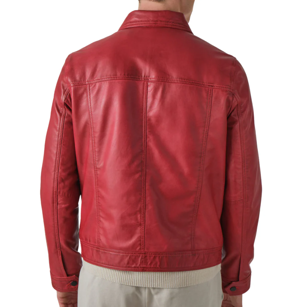 mens red vintage real leather trucker jacket