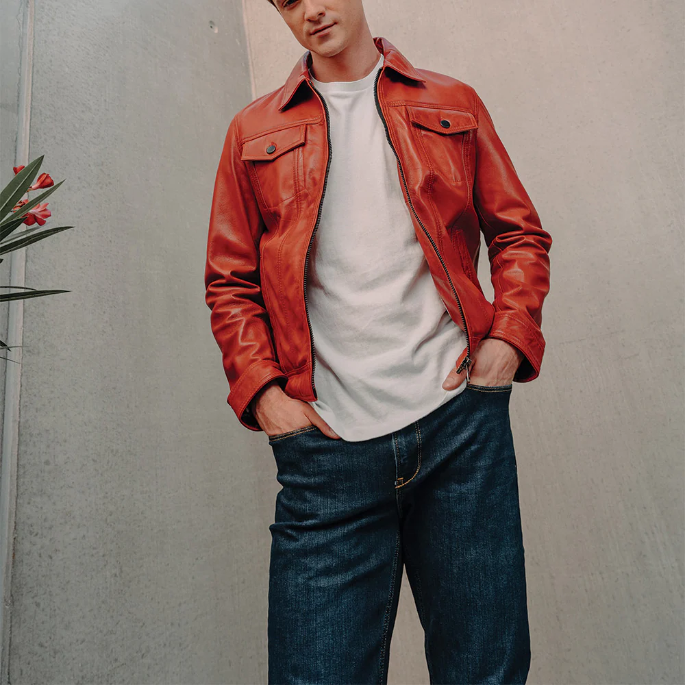 mens red vintage real leather trucker jacket