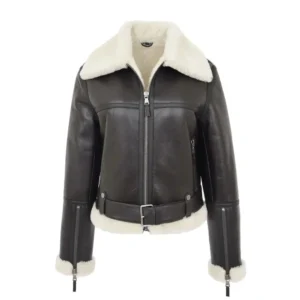 womens sheepskin b3 belted black leather shearling jacket aviator