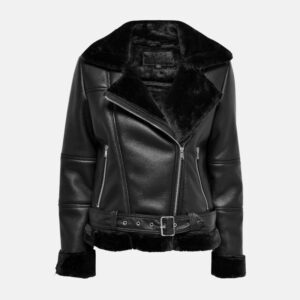 womens black shearling jacket with asymmetrical zipper