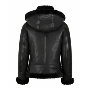 womens hooded shearling black bomber aviator jacket