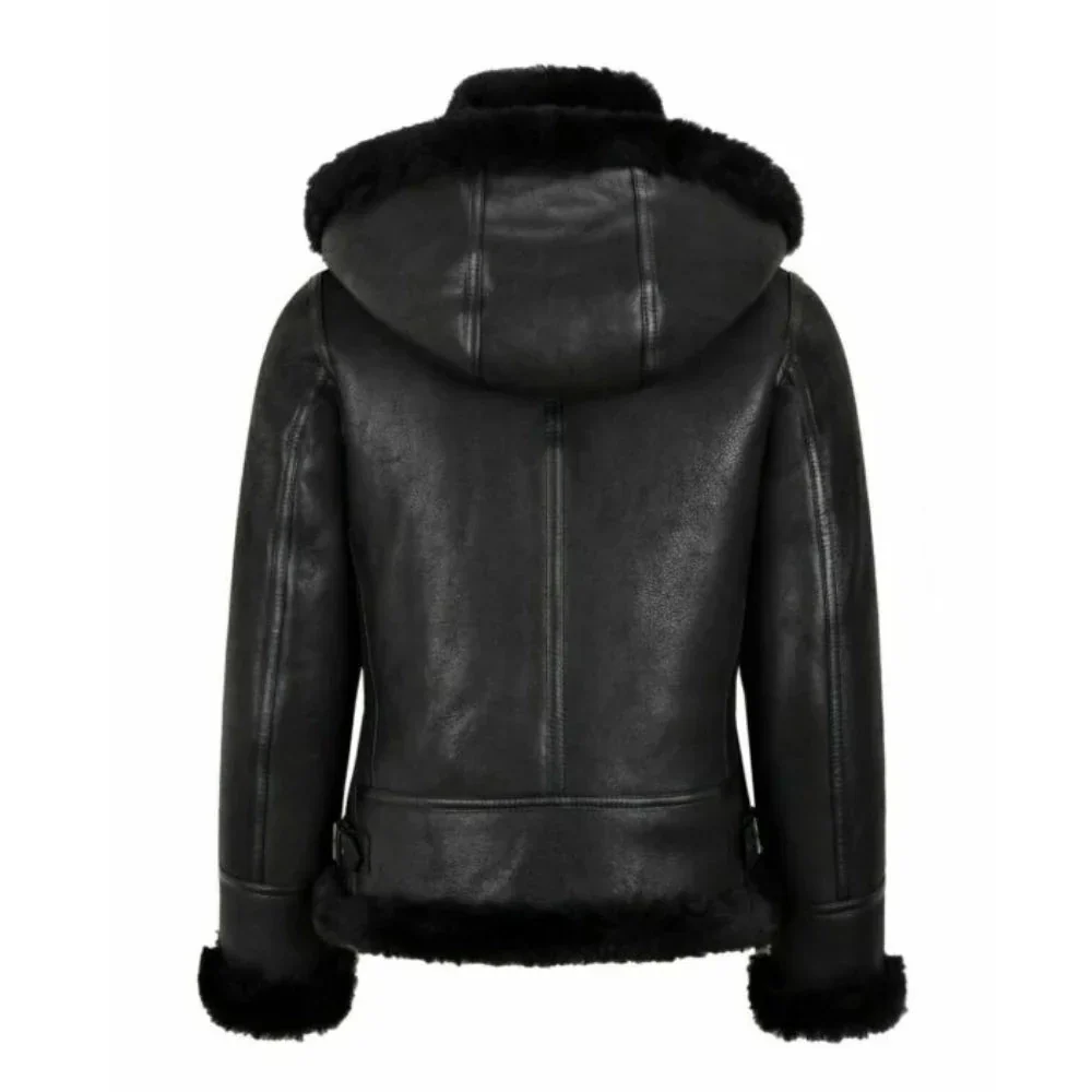 womens hooded shearling black bomber aviator jacket