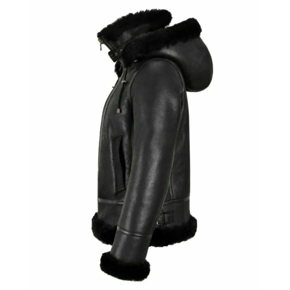 womens hooded shearling black bomber aviator jacket