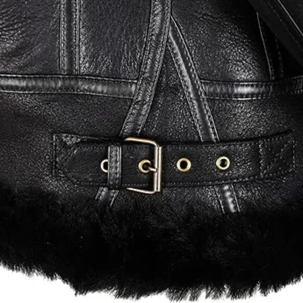 womens hooded shearling black bomber aviator jacket