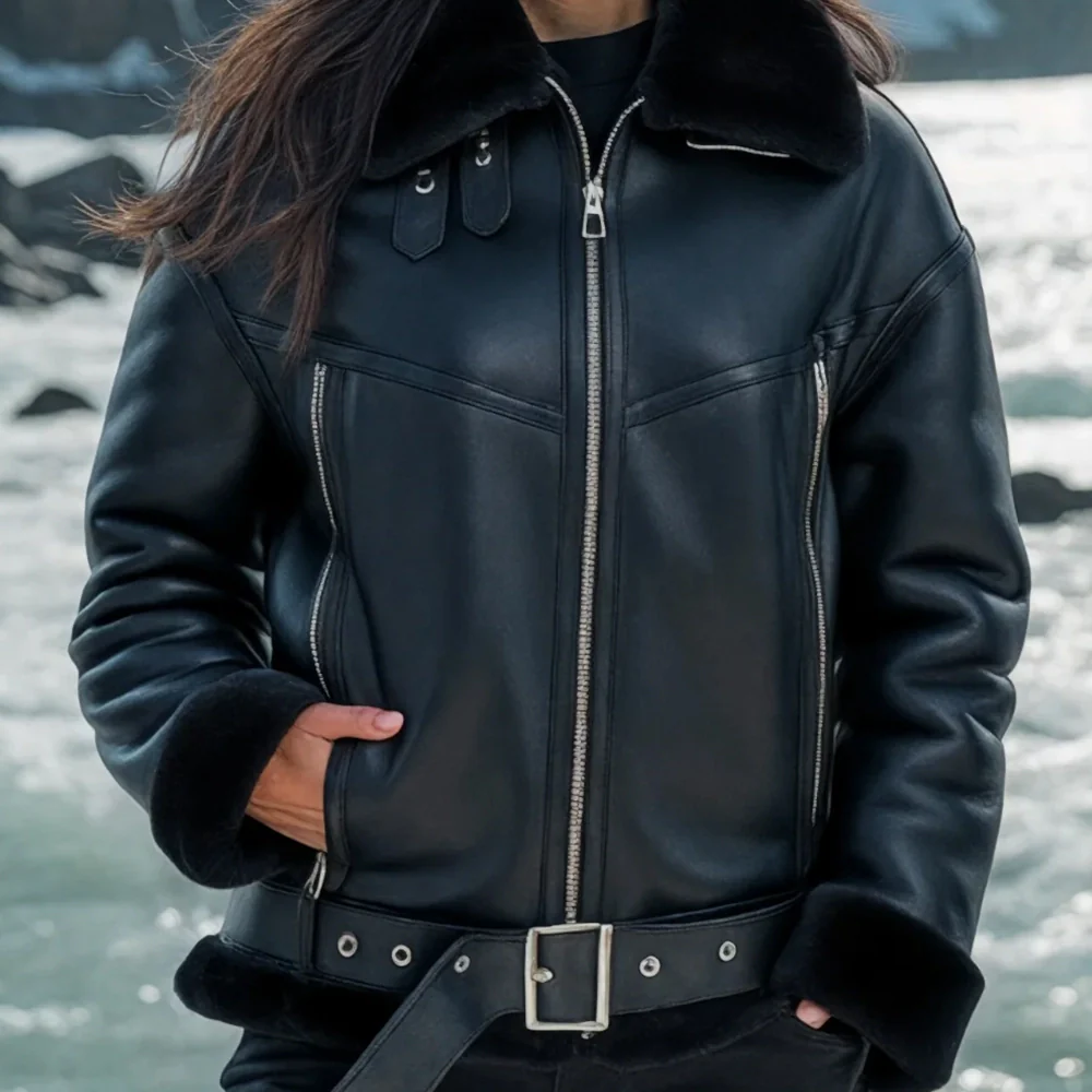 womens black b3 shearling aviator leather jacket
