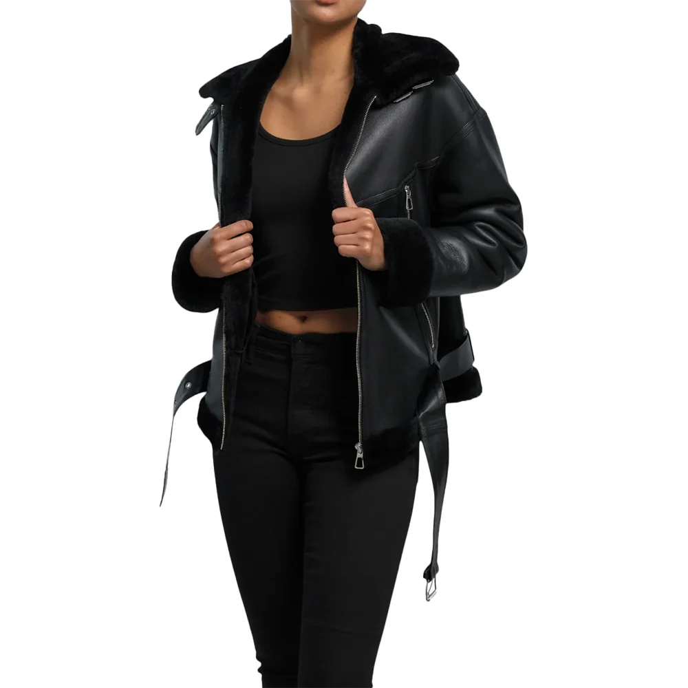 womens black b3 shearling aviator leather jacket