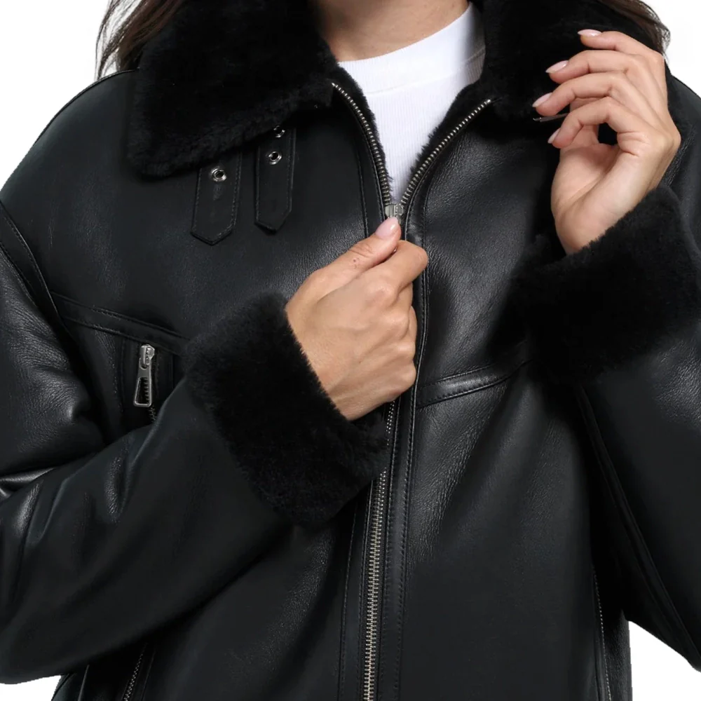 womens black b3 shearling aviator leather jacket