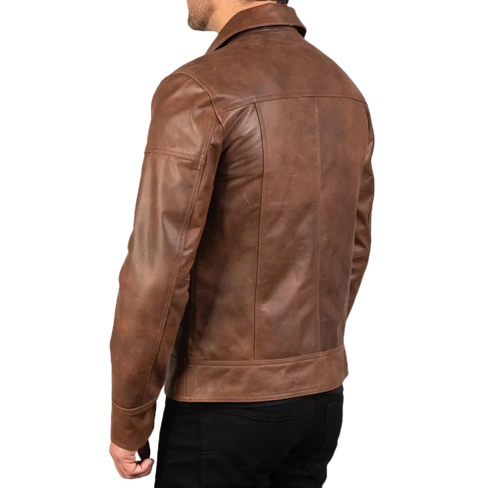 reeves men's brown shirt collar leather biker jacket