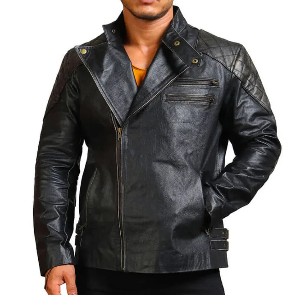 men's asymmetrical bones and skull leather jacket