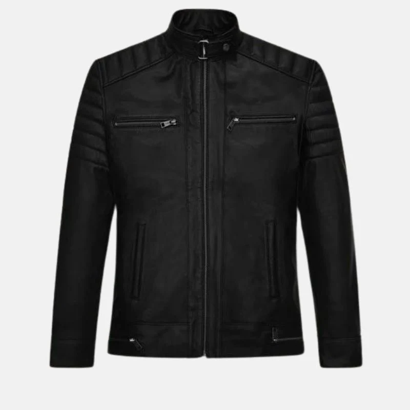 tate quilted biker black leather jacket for men