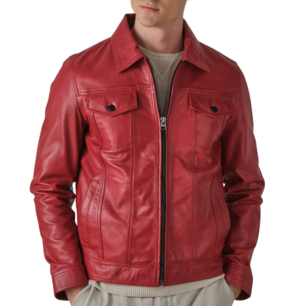 mens red vintage real leather trucker jacket