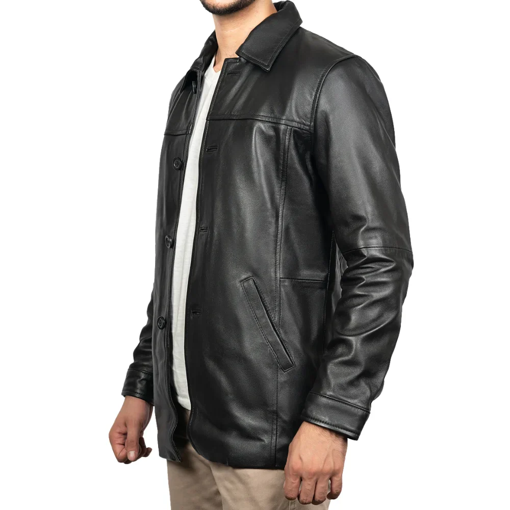 victor black mens 3/4 length lambskin leather car coat