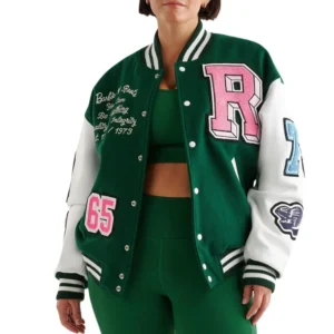 women's green & white wool & leather varsity jacket