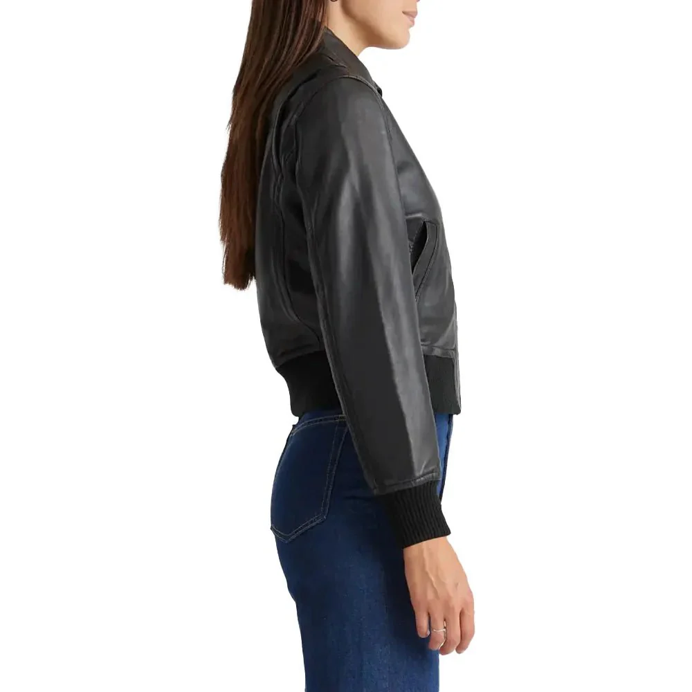 share cropped black leather ladies bomber jacket