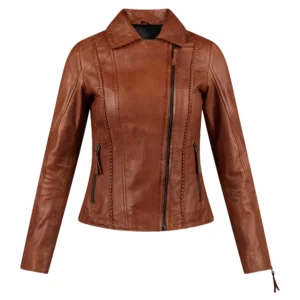 women asymmetrical cognac motorcycle leather jacket