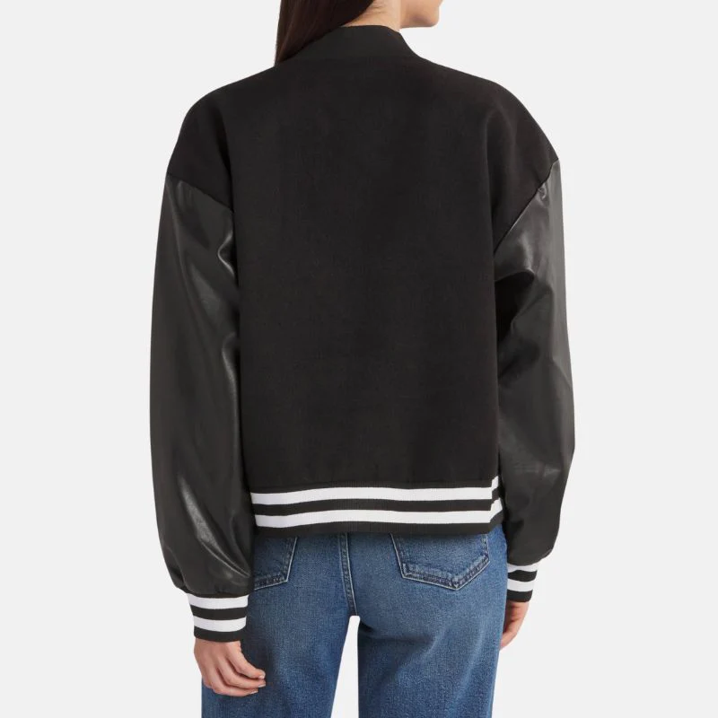 women's black lettermen bomber jacket with leather sleeves