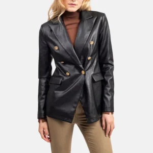 women's black double breasted leather coat
