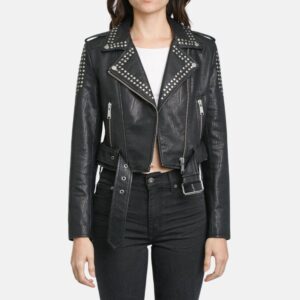 women punk style black studded leather jacket