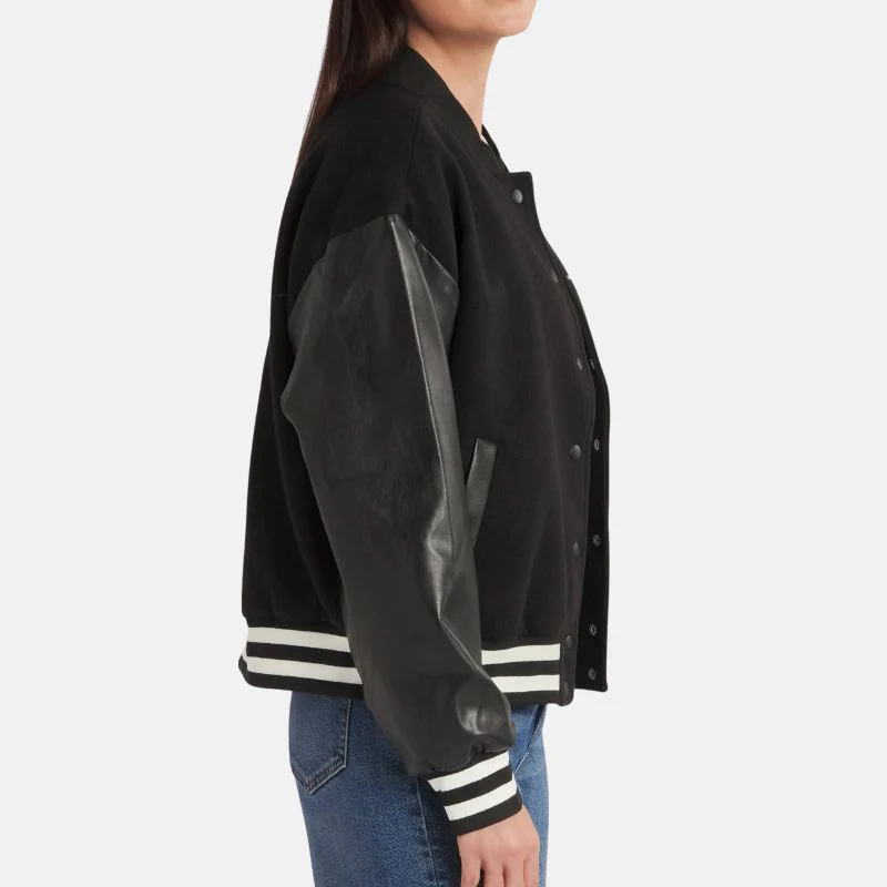 women's black lettermen bomber jacket with leather sleeves