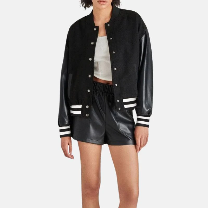 women's black lettermen bomber jacket with leather sleeves