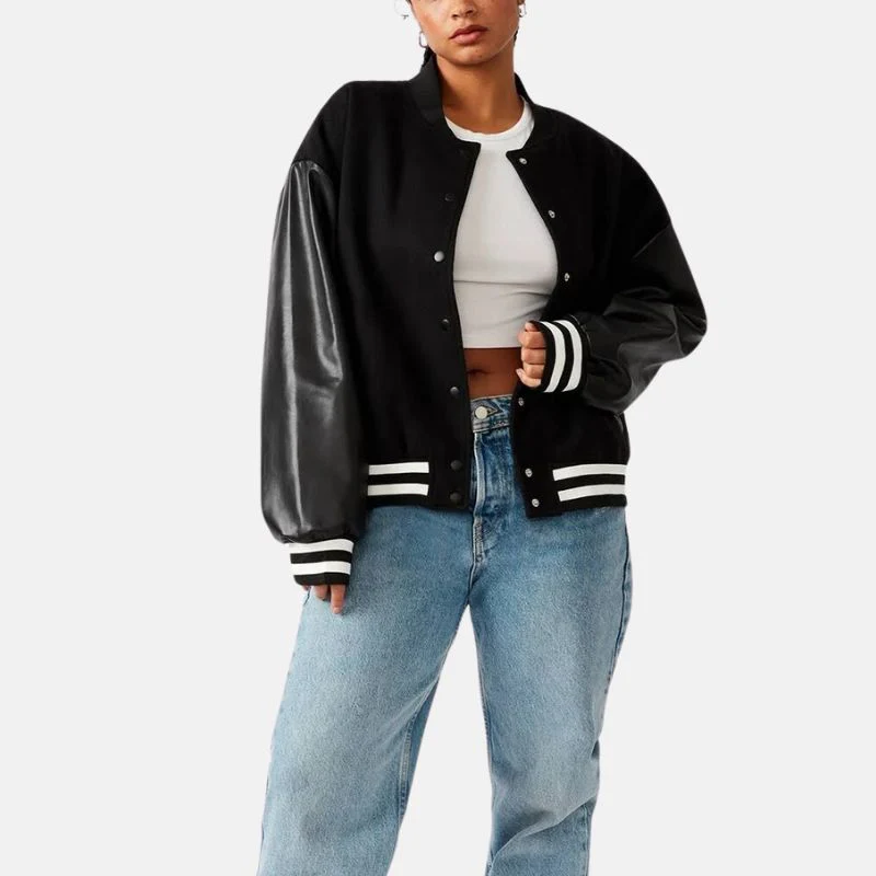 women's black lettermen bomber jacket with leather sleeves