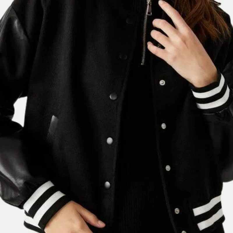 women's black lettermen bomber jacket with leather sleeves