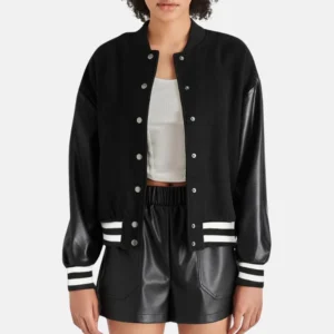 women's black lettermen bomber jacket with leather sleeves