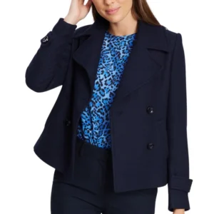 womens double breasted navy blue wool blend coat