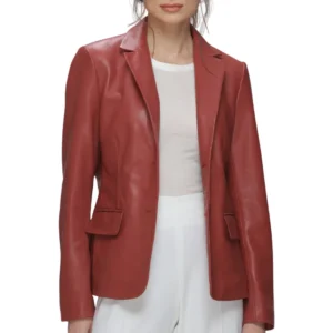 modern notch lapel red leather blazer ladies