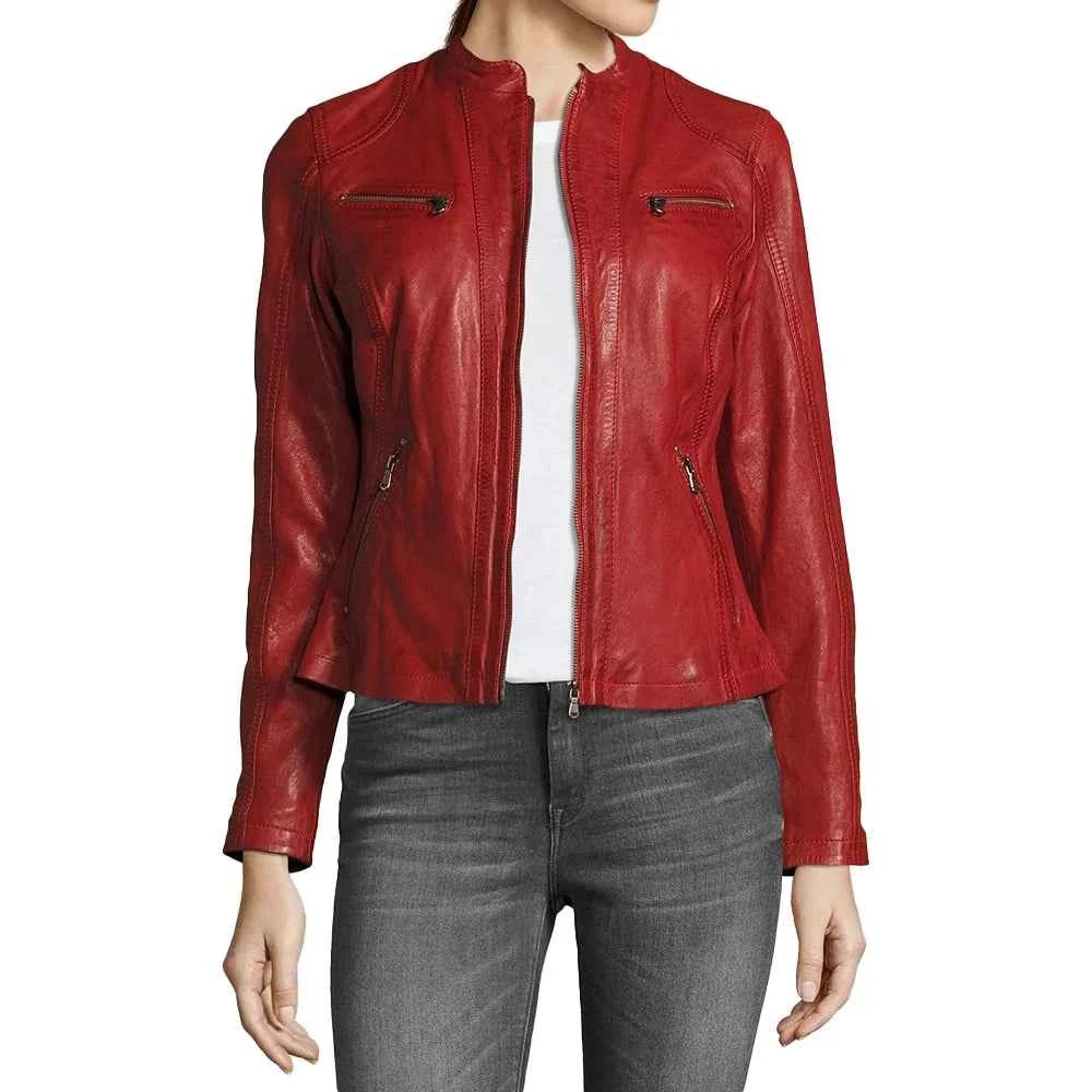 allen red leather biker jacket womens