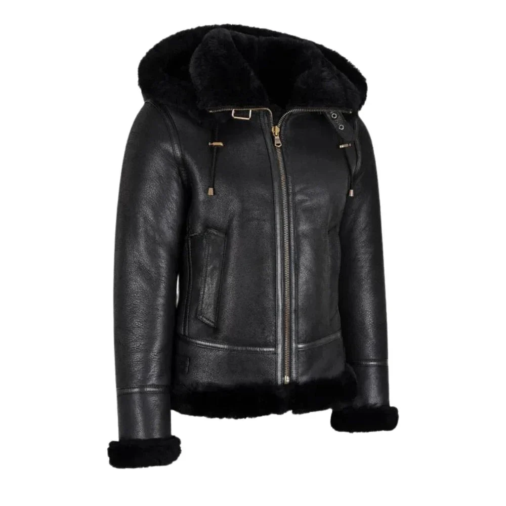 womens hooded shearling black bomber aviator jacket