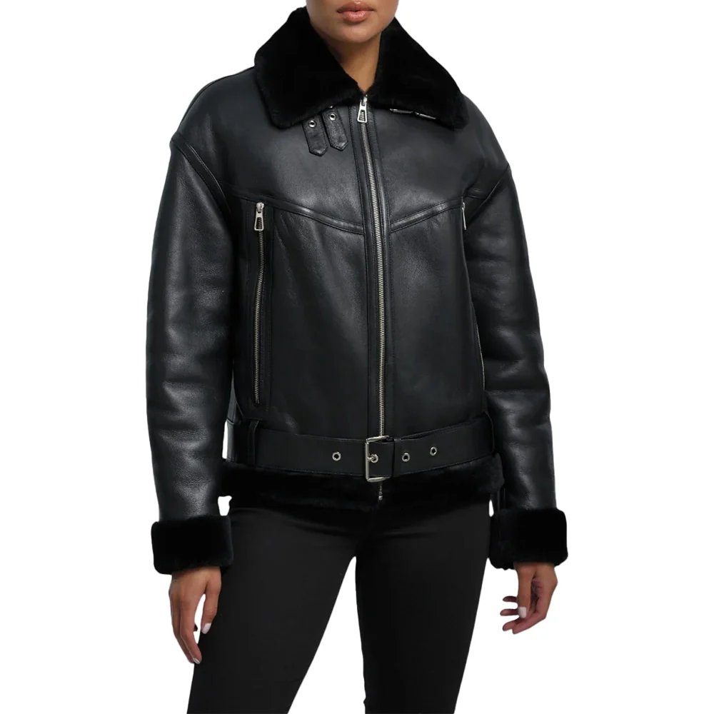 womens black b3 shearling aviator leather jacket