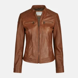 slim fit motorcycle tan leather jacket for womens