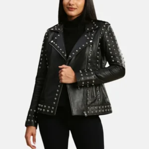 womens studded motorcycle black punk leather jacket