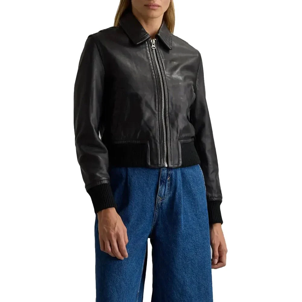 share cropped black leather ladies bomber jacket