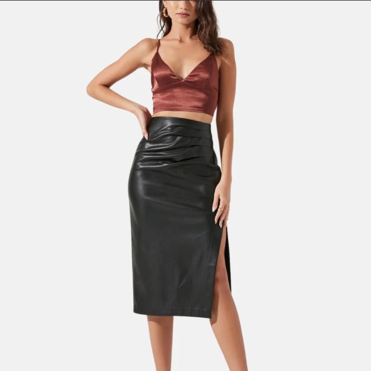 women's classic black leather pencil midi skirt