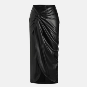 women's twisted long black leather skirt