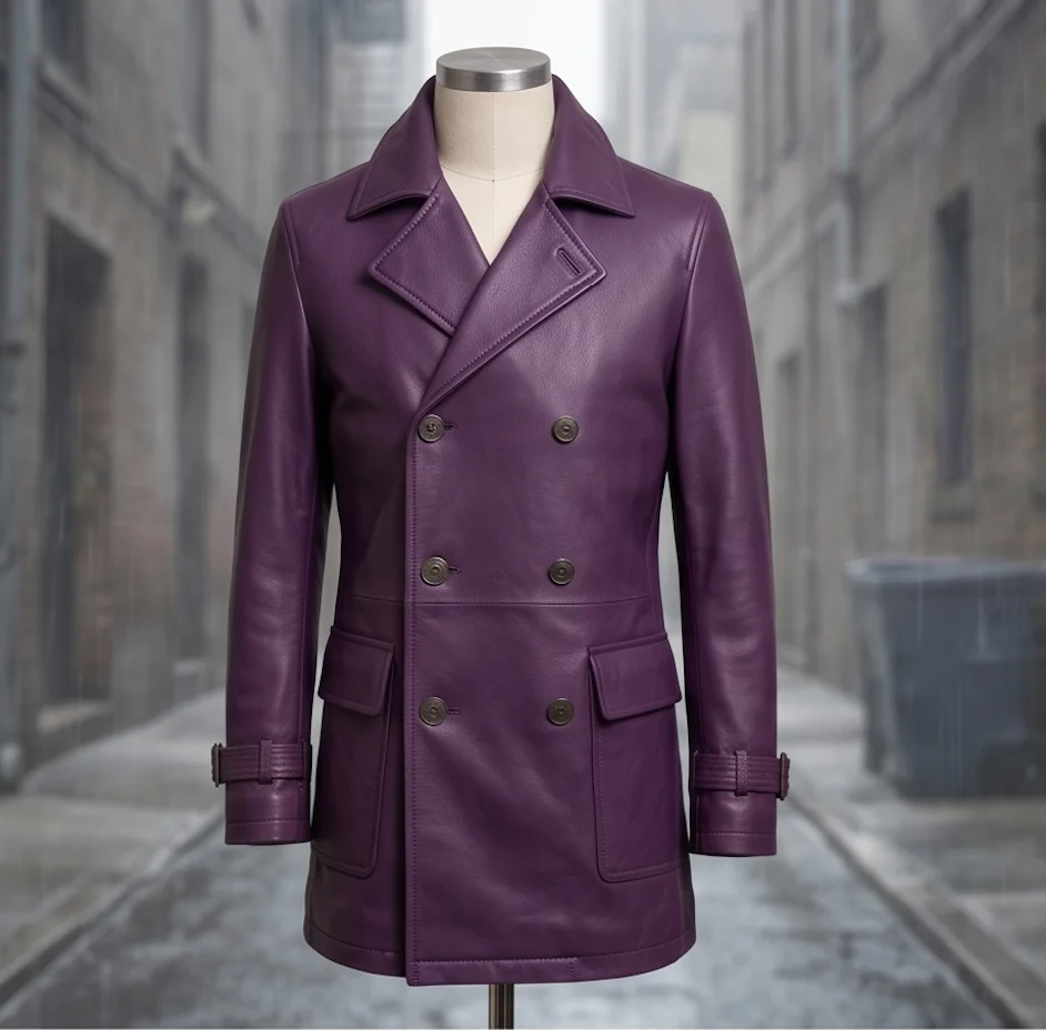 The Joker Double-Breasted Purple Leather Coat - Image 2