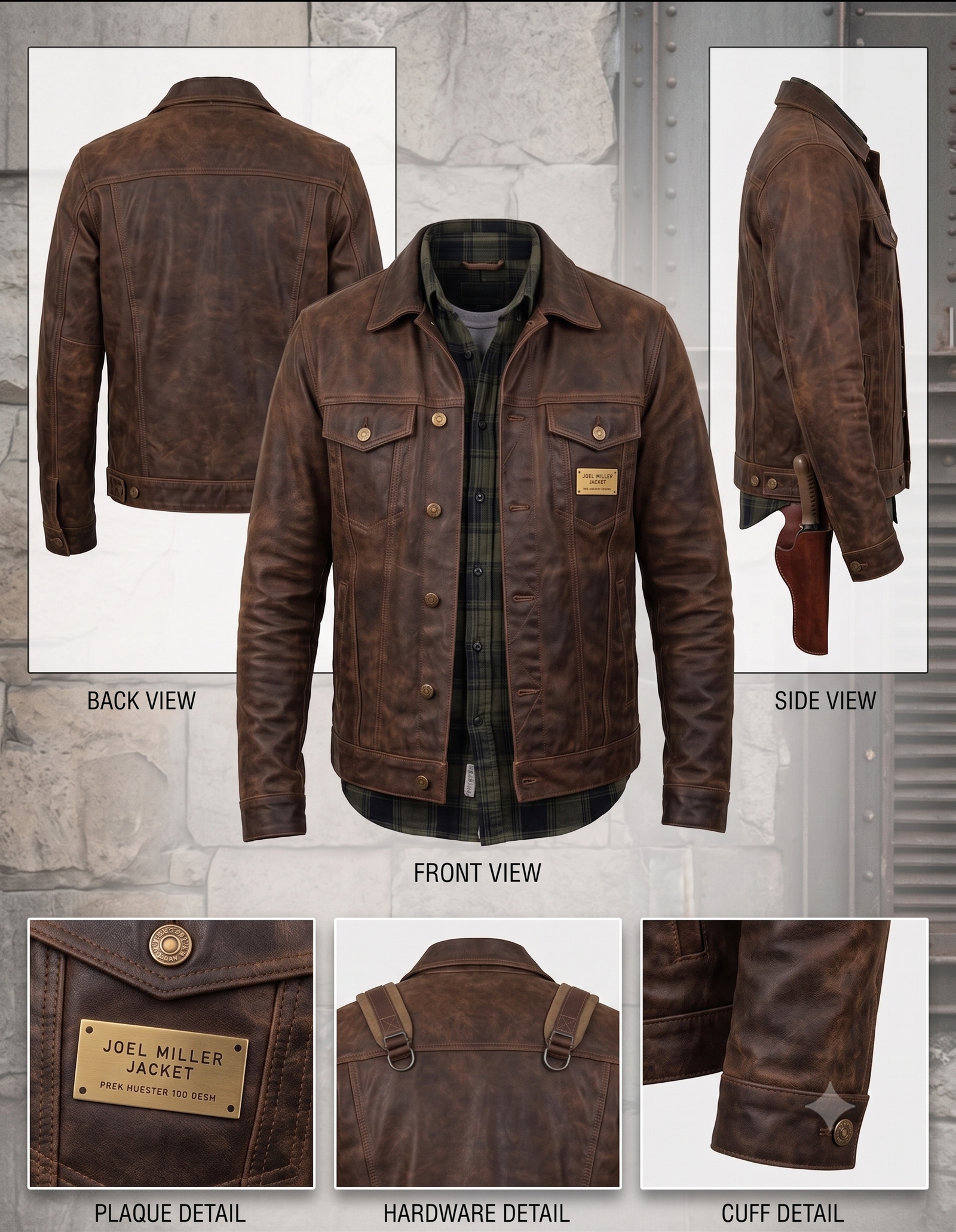 Joel Miller Leather Jacket - Distressed Brown Waxed Leather Trucker Jacket - Image 3