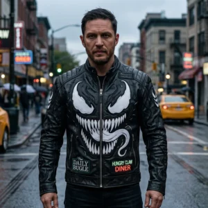 Men’s Venom Symbiote Black Leather Biker Jacket