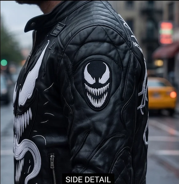 Men’s Venom Symbiote Black Leather Biker Jacket - Image 2