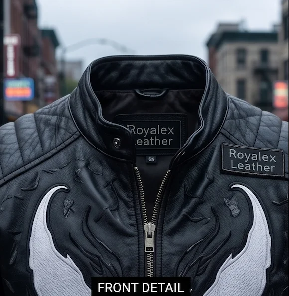 Men’s Venom Symbiote Black Leather Biker Jacket - Image 4