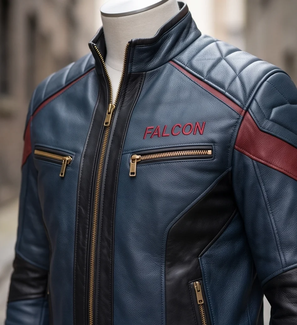 Falcon Superhero Blue and Maroon Genuine Leather Jacket - Image 2