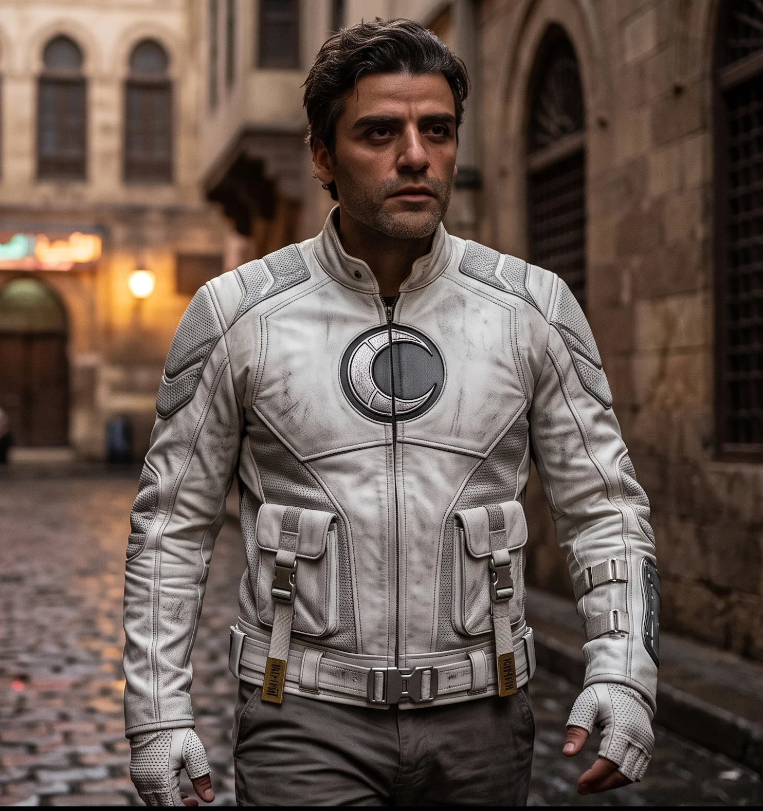 Moon Knight White Genuine Leather Jacket with Crescent Moon Emblem