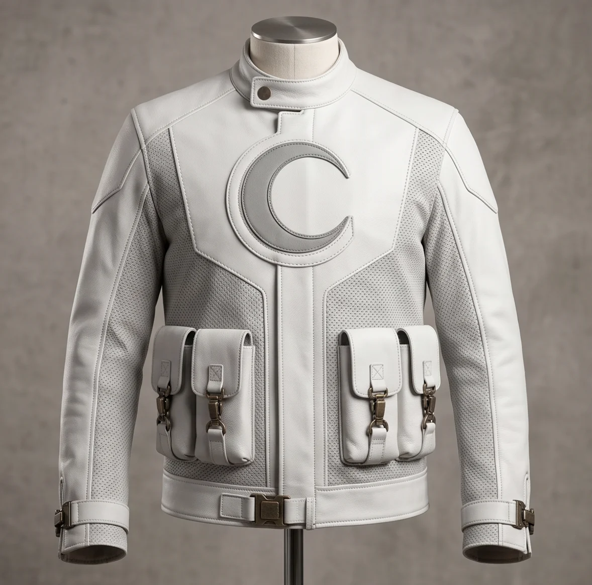 Moon Knight White Genuine Leather Jacket with Crescent Moon Emblem - Image 2
