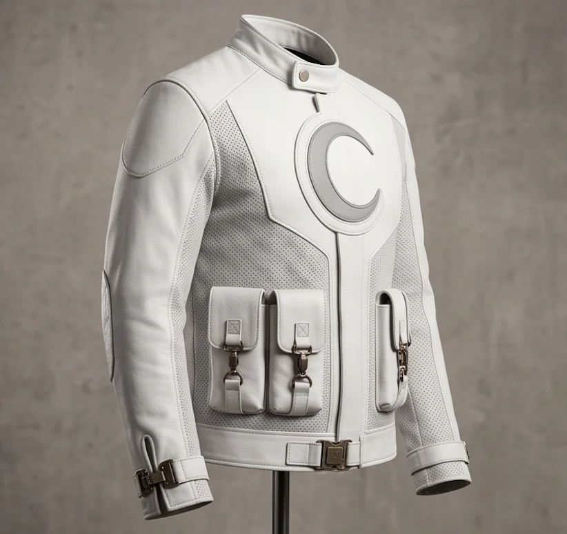 Moon Knight White Genuine Leather Jacket with Crescent Moon Emblem - Image 5