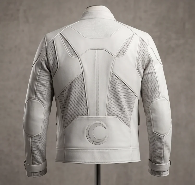 Moon Knight White Genuine Leather Jacket with Crescent Moon Emblem - Image 3