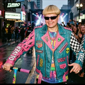 Oliver Tree Scooter Club Pink & Teal Leather Biker Jacket