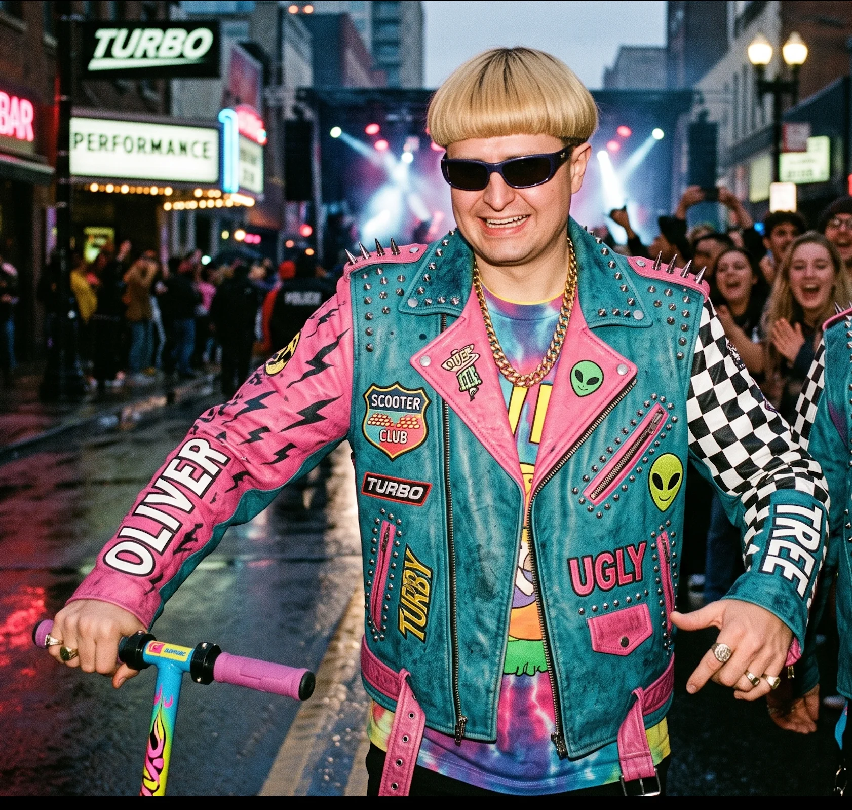 Oliver Tree Scooter Club Pink & Teal Leather Biker Jacket